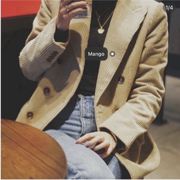 Mango MNG Structured Tan Brown Double Breasted Corduroy Blazer size 2 - Picture 2 of 8